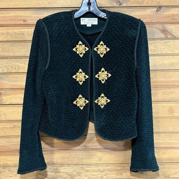 St. John Dark Emerald Green Knit Jacket Gold Tone Embellished Cropped Size 4 Vtg - Picture 1 of 12
